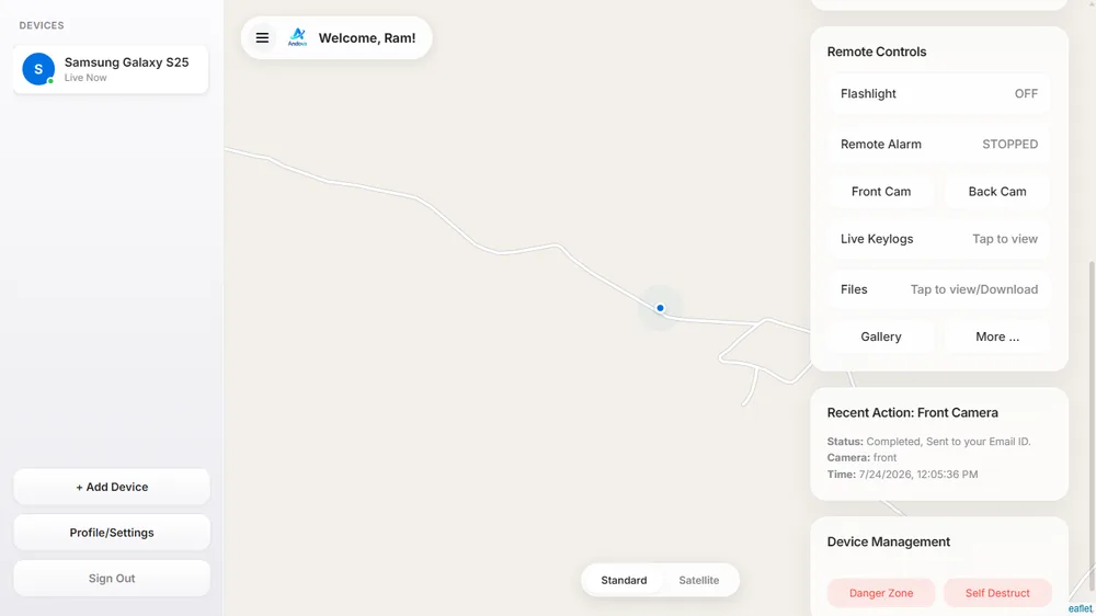 Andova Pro desktop dashboard showing a device map