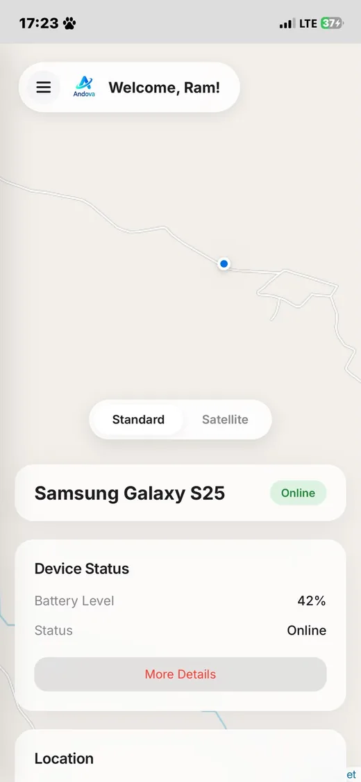 Andova Pro mobile device tracking screen