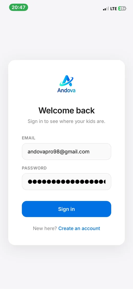 Andova account creation screen