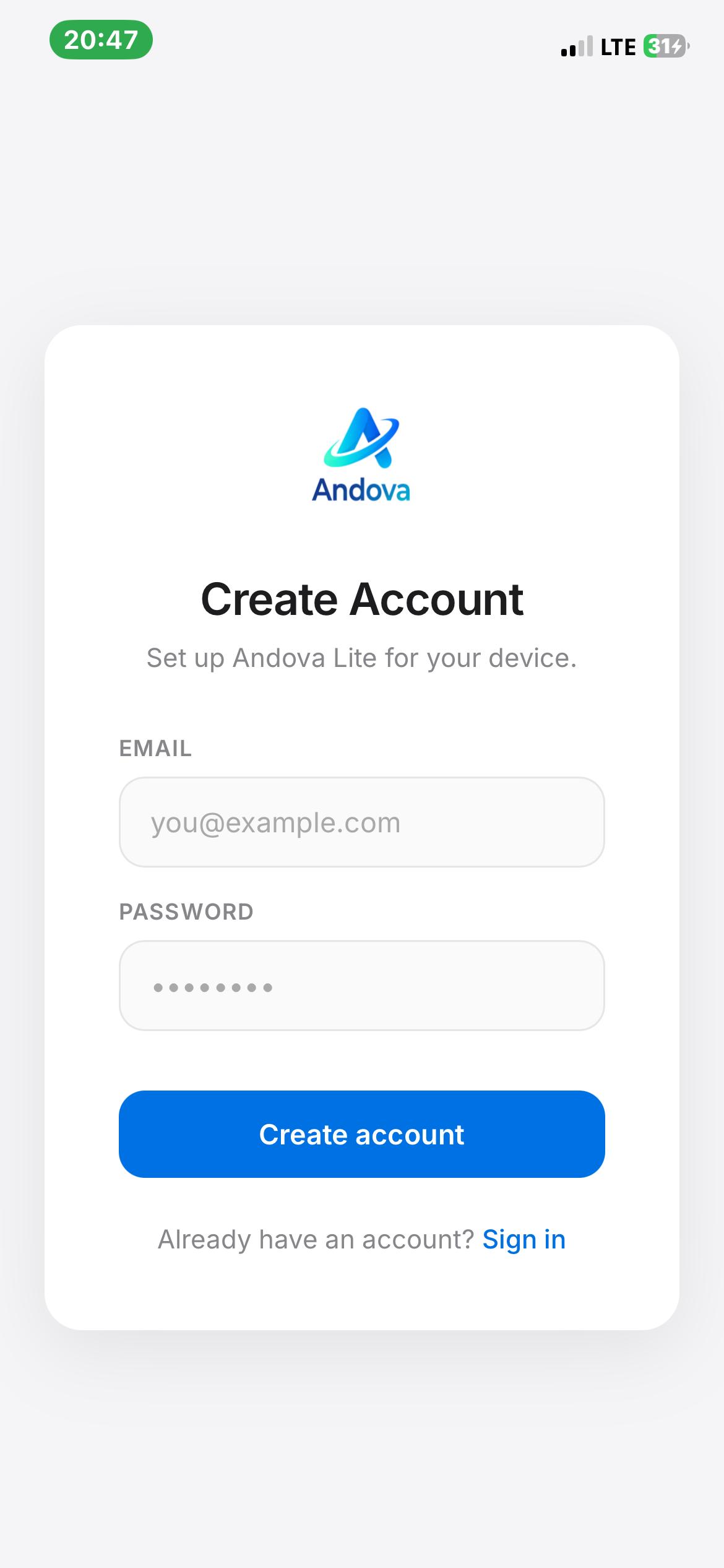 Andova account creation screen
