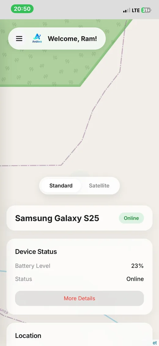 Andova device monitoring screen