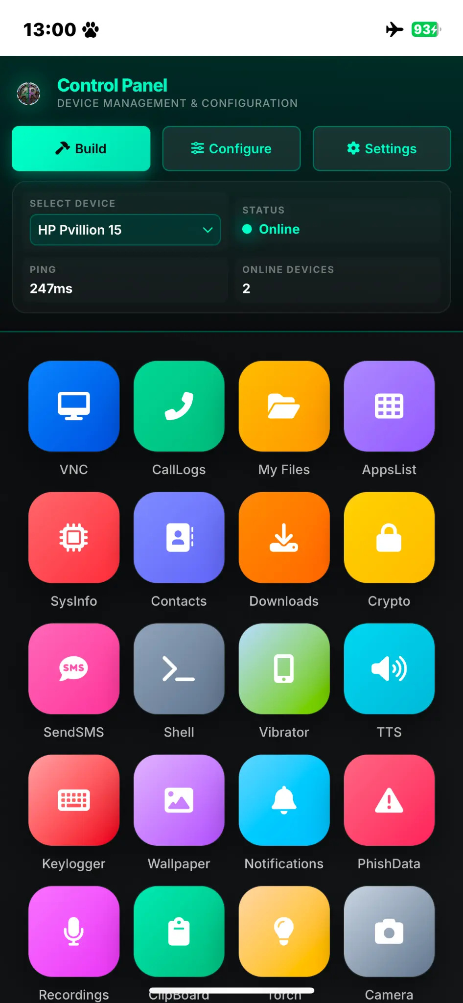 Parental Control dashboard for remote administration and android payload